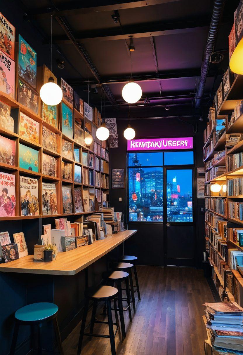 A colorful, vibrant illustration of a whimsical, overflowing bookshelf filled with a diverse array of hentai manga, surrounded by playful characters from various genres engaging in lively discussions. Include a glowing neon sign that reads 'Hentai Universe Reviews' and a cozy café setting with art prints on the walls. Add animated speech bubbles showcasing fun recommendations and community vibes. pixel art. vibrant colors. 3D perspective.