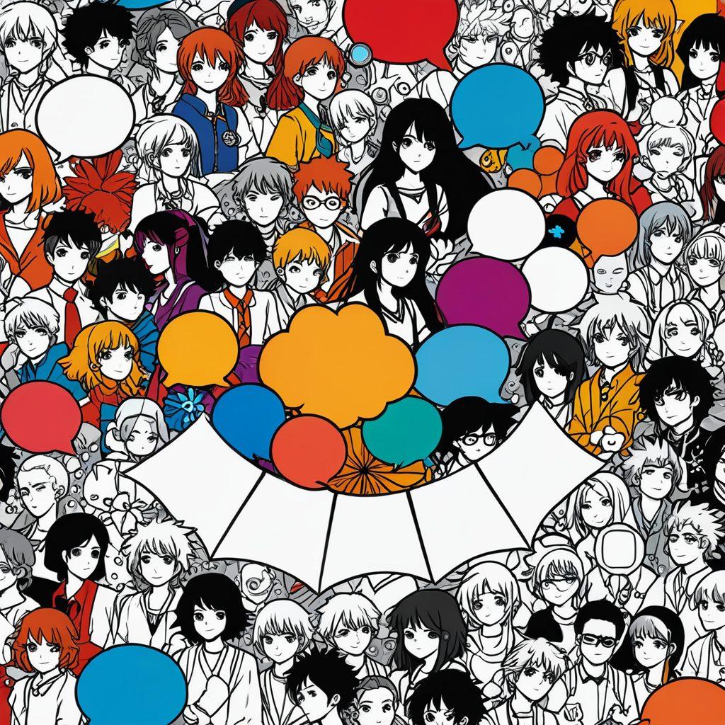 A vibrant tapestry depicting various anime characters engaged in creative fan art activities, surrounded by illustrated forums filled with passionate discussions. The backdrop showcases a blend of bright colors and whimsical elements reflecting the playful nature of the community, with hints of elements symbolizing fandom such as art supplies, chat bubbles, and social media icons. The atmosphere is dynamic and inviting, brimming with enthusiasm and creativity. super-realistic. vibrant colors. white background.