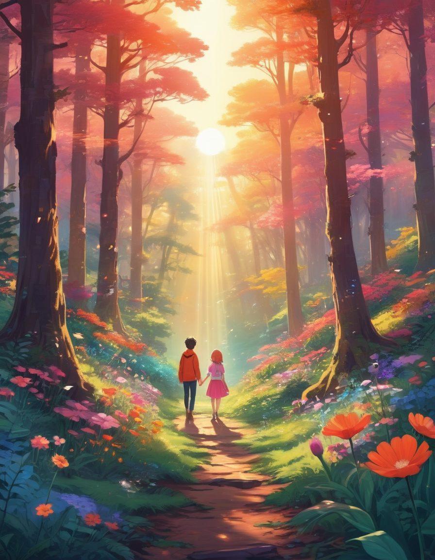 A vivid and captivating illustration of a diverse group of anime characters engaged in playful antics in a lush, vibrant forest, surrounded by fantastical creatures and colorful flowers. The characters should embody a range of styles, from pixelated retro to modern here, showcasing the depth of anime culture. Sunlight filters through the foliage, creating a magical atmosphere. The scene conveys a sense of freedom and exploration without crossing boundaries. digital art. vibrant colors. whimsical style.